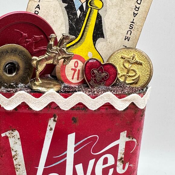 Colonel Mustard Assemblage Art Piece - Fathers Day Velvet Tobacco Tin - Picture 2 of 7